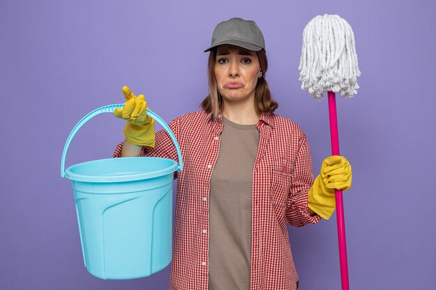 Молодая уборщица в клетчатой рубашке и кепке в резиновых перчатках держит ведро и швабру и смотрит с грустным выражением лица
