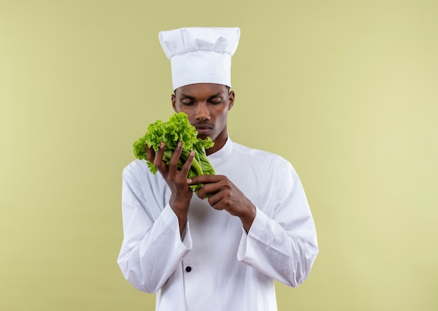 Young confident afro-american cook in chef uniform holds and looks at salad isolated on green background with copy space