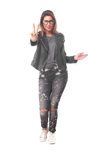 young cool woman peace sign