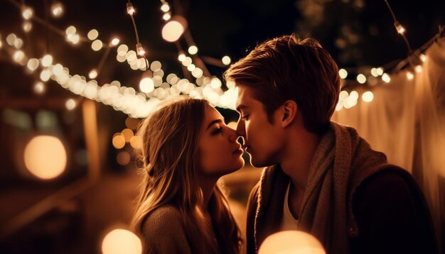 Young couple embraces under illuminated Christmas lights generated by AI