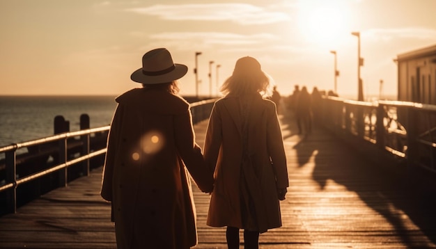 Young couple embraces in sunset holding hands generated by AI