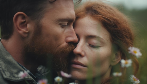 Free photo young couple embracing in nature enjoying love and togetherness generated by ai