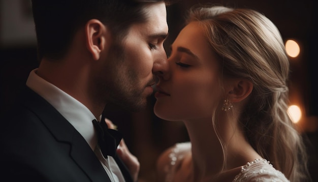 無料写真 人工知能によって生成された結婚式の夜に笑顔とキスを抱きしめる若いカップル
