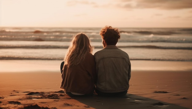 AI によって生成されたビーチで夕日を眺めながら抱き合う若いカップル