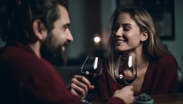 Young couple enjoying wine and togetherness indoors generated by AI