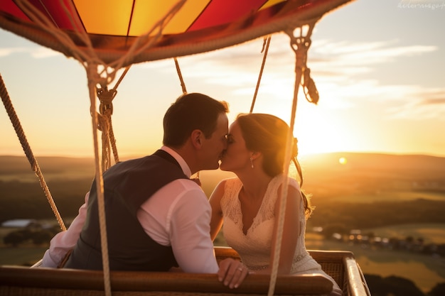 뜨거운 공기 풍선 에서 결혼 하는 젊은 부부