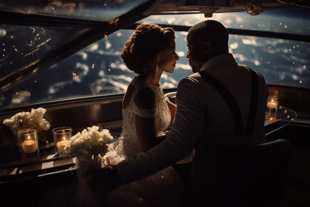 Free photo young couple getting married in a space station