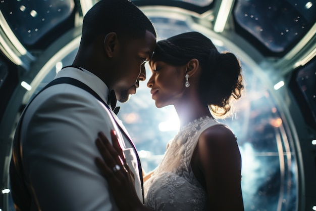 Free photo young couple getting married in a space station