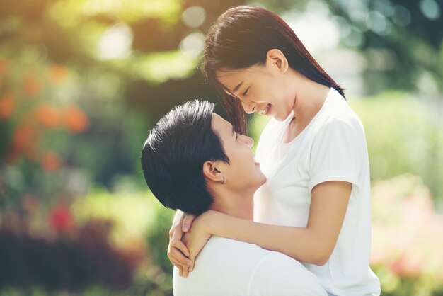 Young Couple hugging together during walking relaxing together