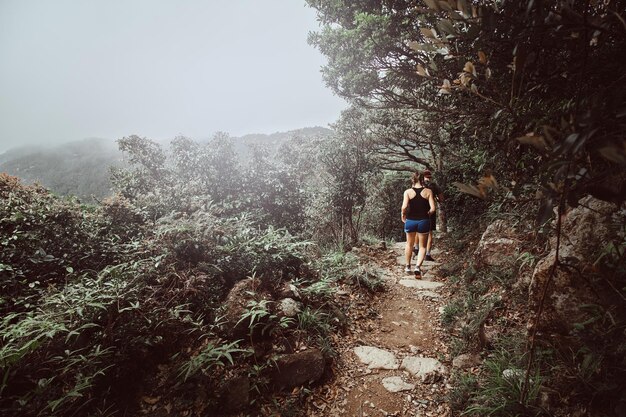 若いカップルが森の山々の小道を走っています。周りには緑の茂みや木々があります。背景に霧と雲。