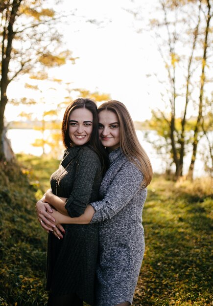 Young couple in love. A love story in the autumn forest park