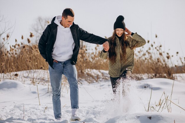 冬の時間に歩く愛の若いカップル