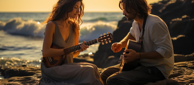 Free photo young couple playing guitar on the beach at sunset focus on the man