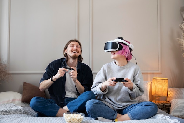 Young couple playing a vr game