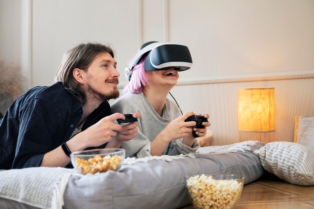 Young couple playing a vr game