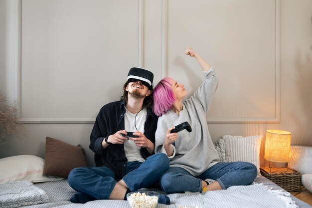 Young couple playing a vr game