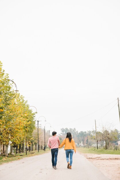 Young couple strolling along road