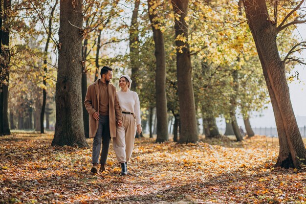 Young couple together in an autumn park