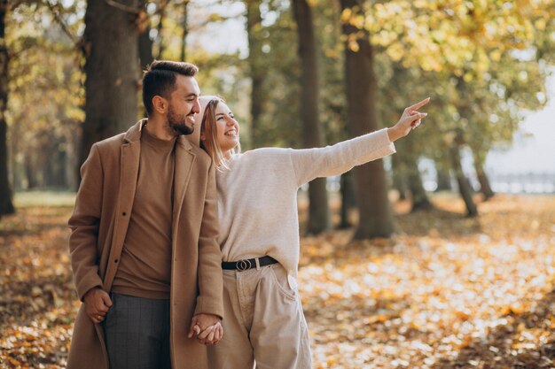 Young couple together in an autumn park