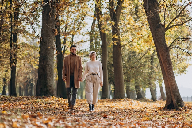 Young couple together in an autumn park