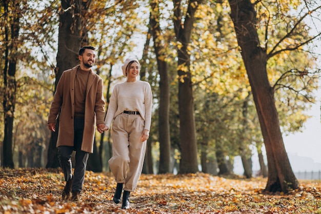 Young couple together in an autumn park