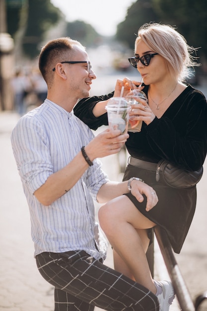 Young couple together in town