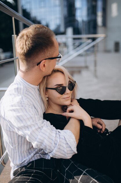 Young couple together in town