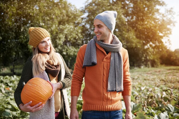 Young couple walking in the fiel with ripe pumpkin