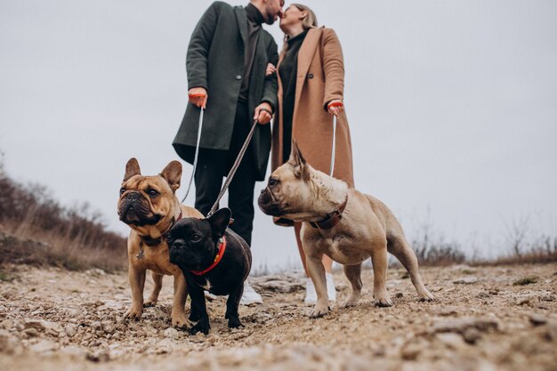 Young couple walking their french bulldogs in park