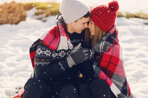 雪原に毛布を着ている若いカップル