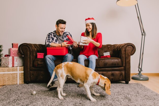 Young couple with dog at christmas