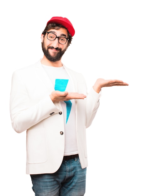 Free photo young crazy businessman showing sign