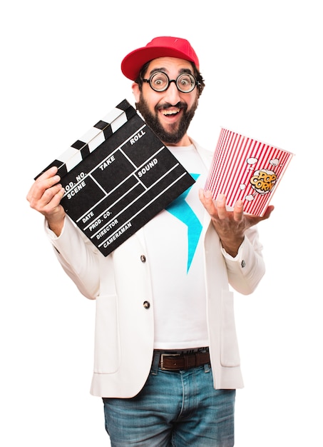 Free photo young crazy businessman with a clapper