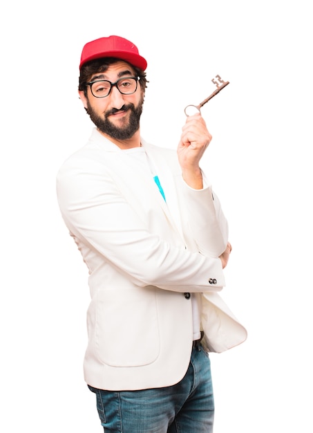 Free photo young crazy businessman with old key