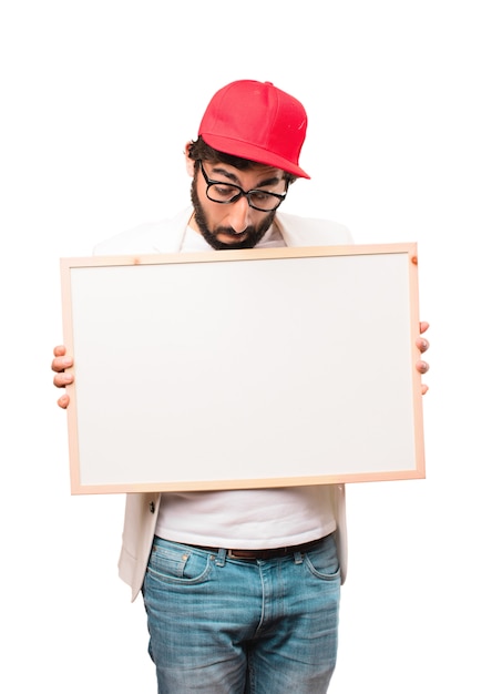 young crazy businessman with placard