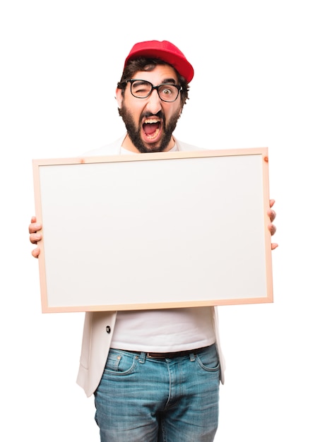 young crazy businessman with placard