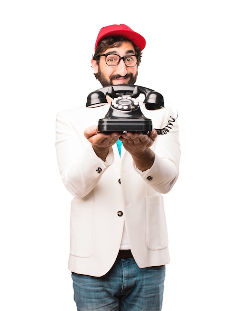 young crazy businessman with vintage phone