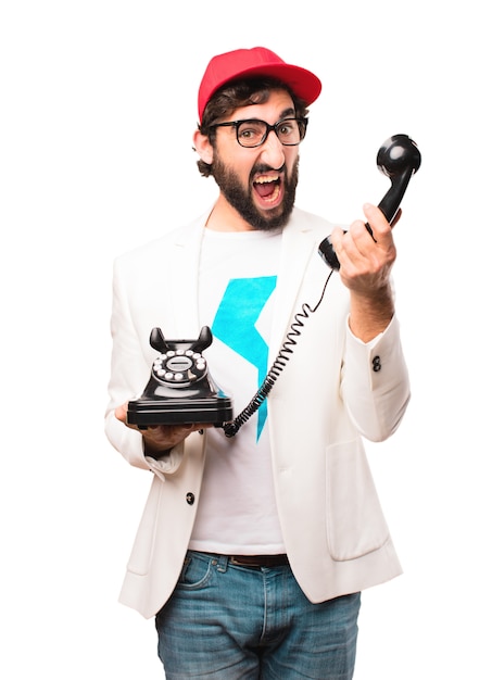 Free photo young crazy businessman with vintage phone