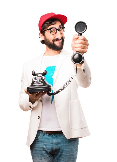 young crazy businessman with vintage phone