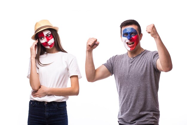 Young czech and croatian football fans win and lose emotions isolated on white wall