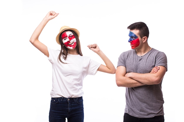 Young czech and croatian football fans win and lose emotions isolated on white wall