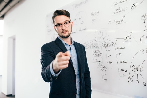 Young dark-haired man in glasses is standing near whiteboard in office. He wears blue shirt and dark jacket. He is showing and looking to the camera.