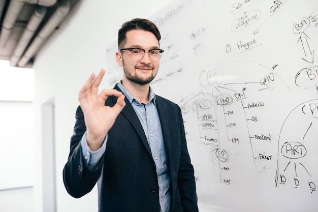 Young dark-haired man in glasses is standing near whiteboard in office. He wears blue shirt and dark jacket. He is smiling  to the camera.