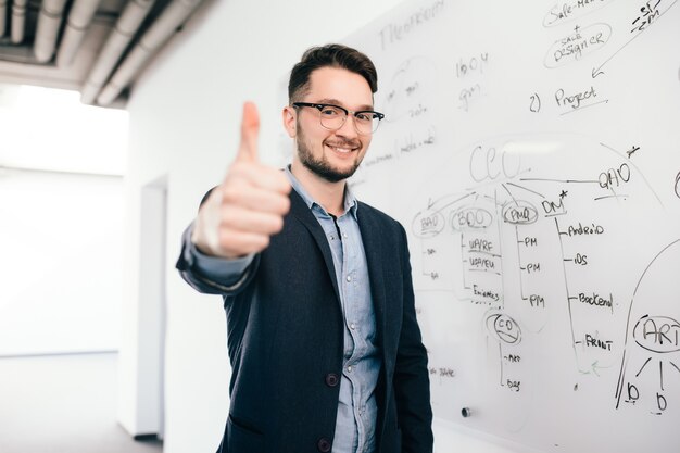 Young dark-haired man in glasses is standing near whiteboard in office. He wears blue shirt and dark jacket. He is smiling and showing a sign  to the camera.