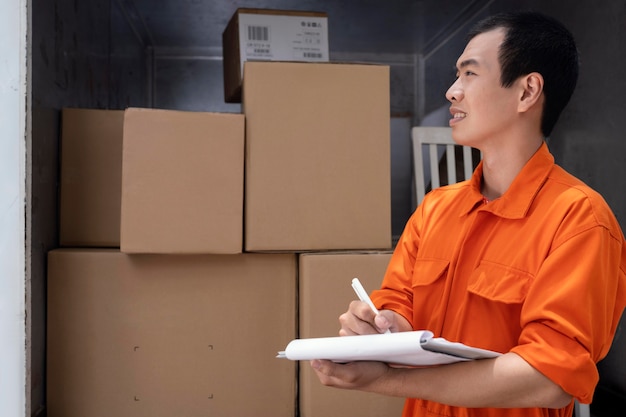 Free photo young delivery man scheduling parcels for delivery