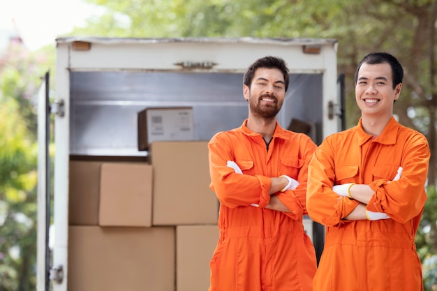 Young delivery men near delivery car