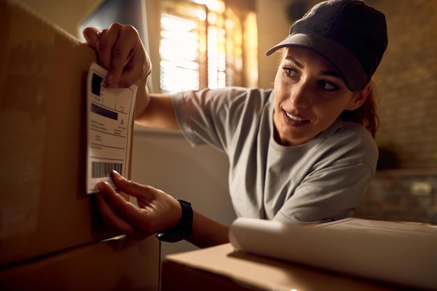 Бесплатное фото Молодая доставщица готовит посылки к отправке и прикрепляет этикетку с данными на картонную коробку в офисе