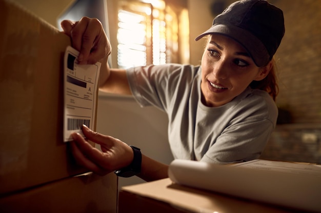 Young delivery woman preparing packages for shipment and attaching data label on carboard box in the office