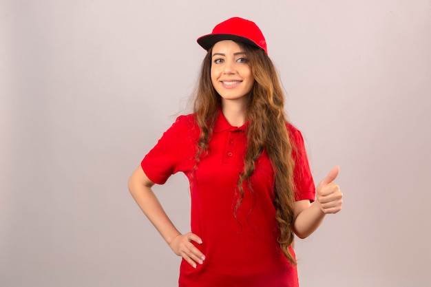 빨간색 폴로 셔츠와 모자를 입고 젊은 배달 여자 격리 된 흰색 배경 위에 엄지 손가락을 보여주는 자신감 미소