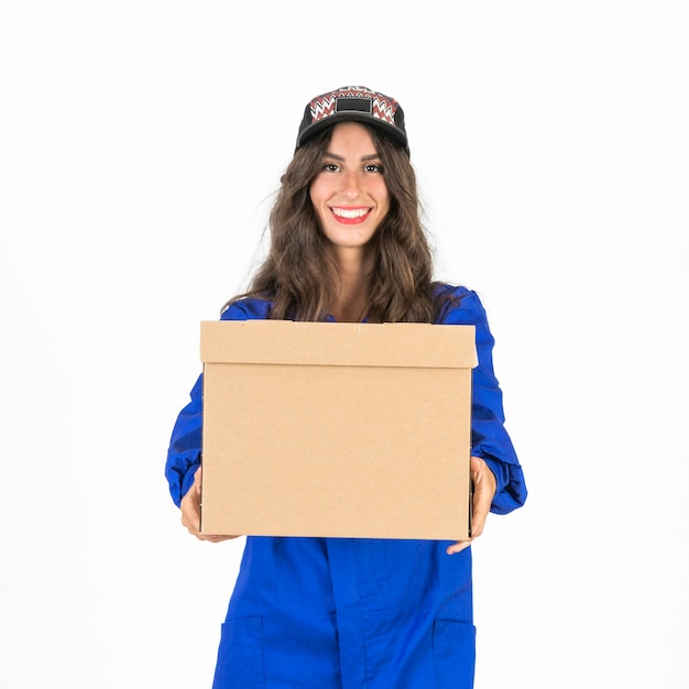 Young deliverywoman with box